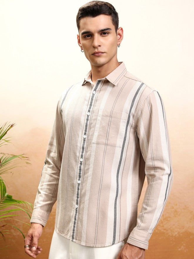 Highlander Men Beige Striped Relaxed Fit Casual Shirt - Beige - Image 4