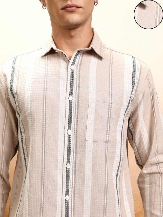 Highlander Men Beige Striped Relaxed Fit Casual Shirt - Beige - Image 5