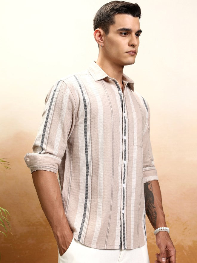 Highlander Men Beige Striped Relaxed Fit Casual Shirt - Beige - Image 6