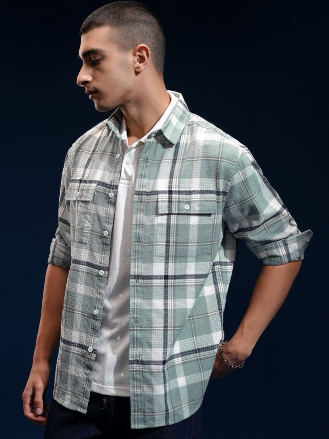 Highlander Men Green Checked Relaxed Fit Casual Shirt - Green - Image 4
