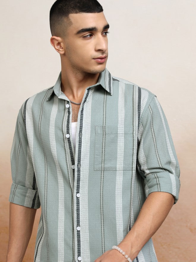 Highlander Men Green Striped Relaxed Fit Casual Shirts - Green - Image 1