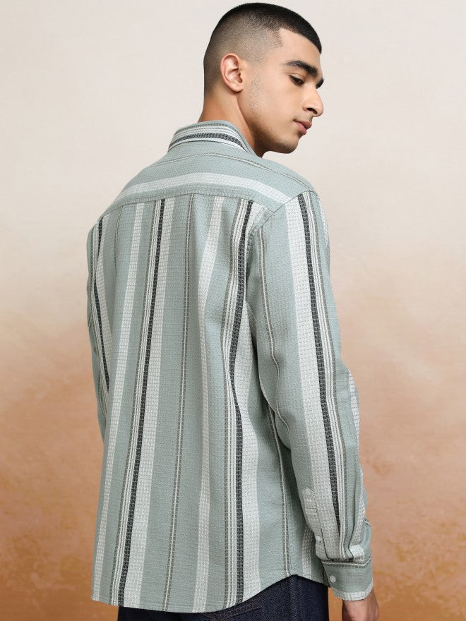 Highlander Men Green Striped Relaxed Fit Casual Shirts - Green - Image 3