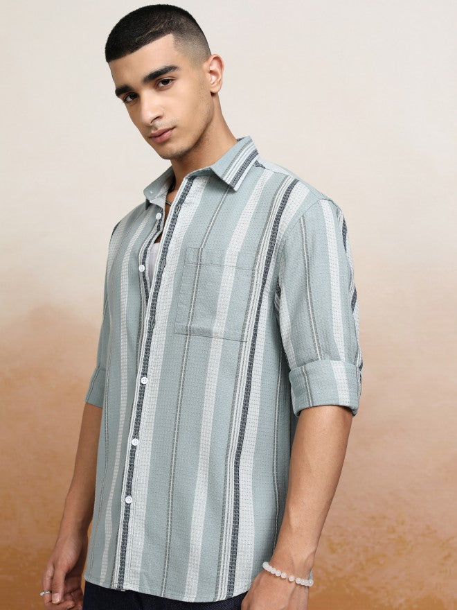 Highlander Men Green Striped Relaxed Fit Casual Shirts - Green - Image 4