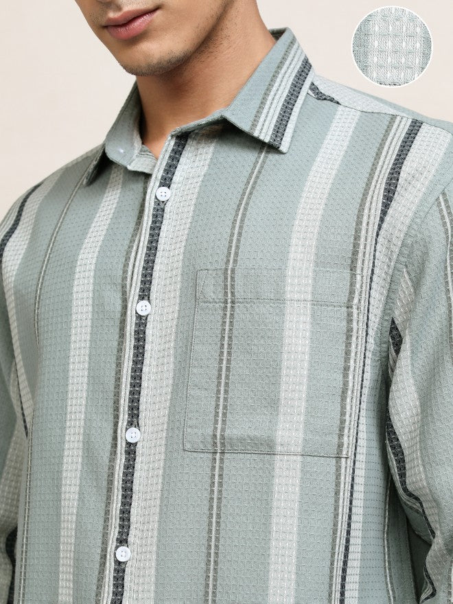 Highlander Men Green Striped Relaxed Fit Casual Shirts - Green - Image 5