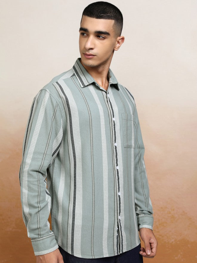 Highlander Men Green Striped Relaxed Fit Casual Shirts - Green - Image 6