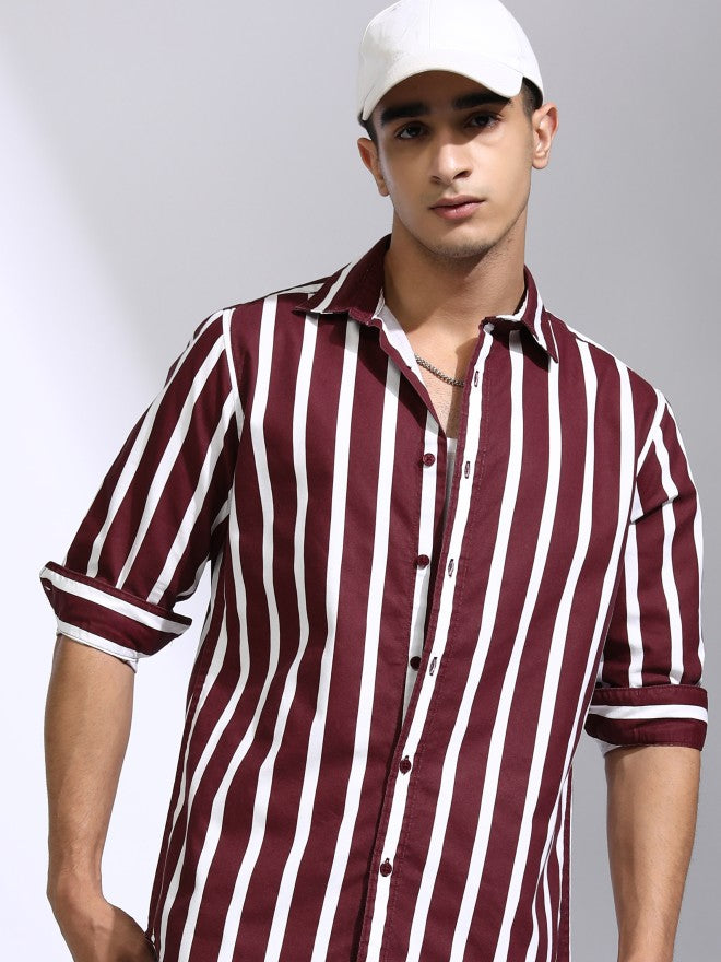 Highlander Men Maroon Striped Regular Fit Casual Shirt - Maroon - Image 1