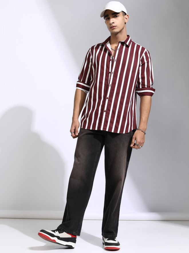 Highlander Men Maroon Striped Regular Fit Casual Shirt - Maroon - Image 2