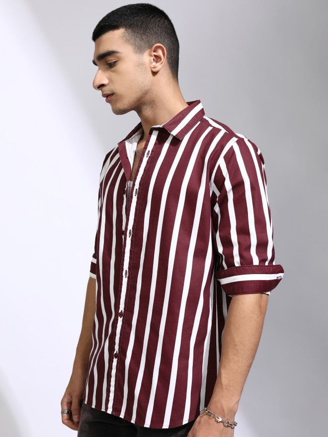 Highlander Men Maroon Striped Regular Fit Casual Shirt - Maroon - Image 4