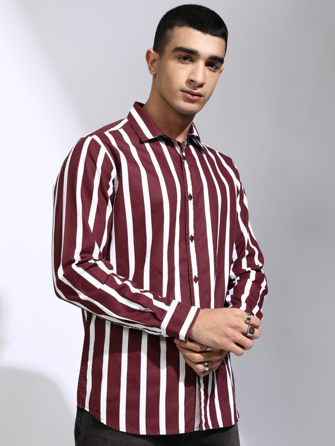 Highlander Men Maroon Striped Regular Fit Casual Shirt - Maroon - Image 6