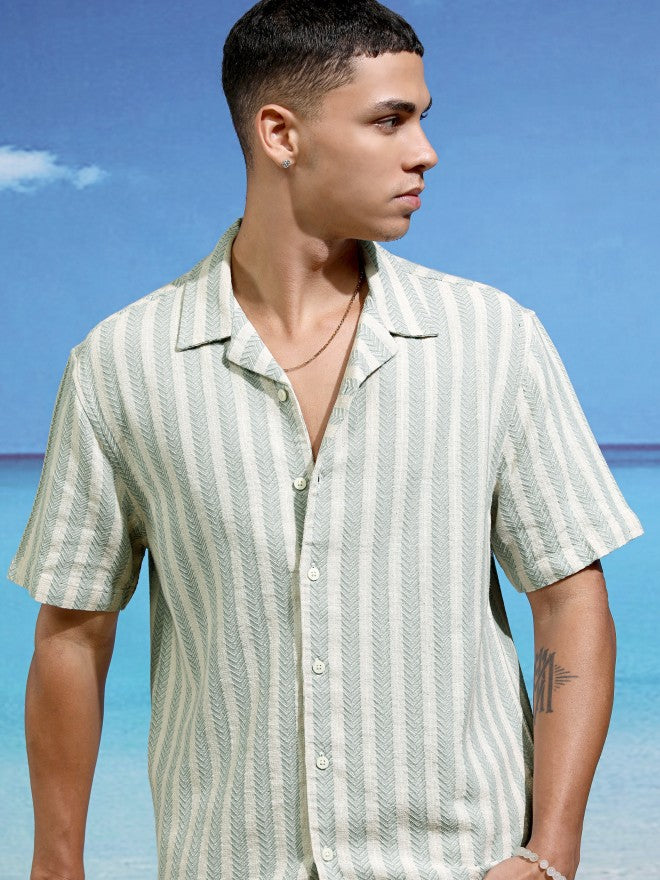 Highlander Men Green Striped Relaxed Fit Casual Shirt - Green - Image 1