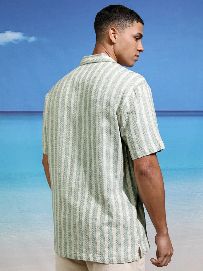 Highlander Men Green Striped Relaxed Fit Casual Shirt - Green - Image 3