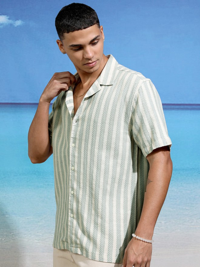 Highlander Men Green Striped Relaxed Fit Casual Shirt - Green - Image 4