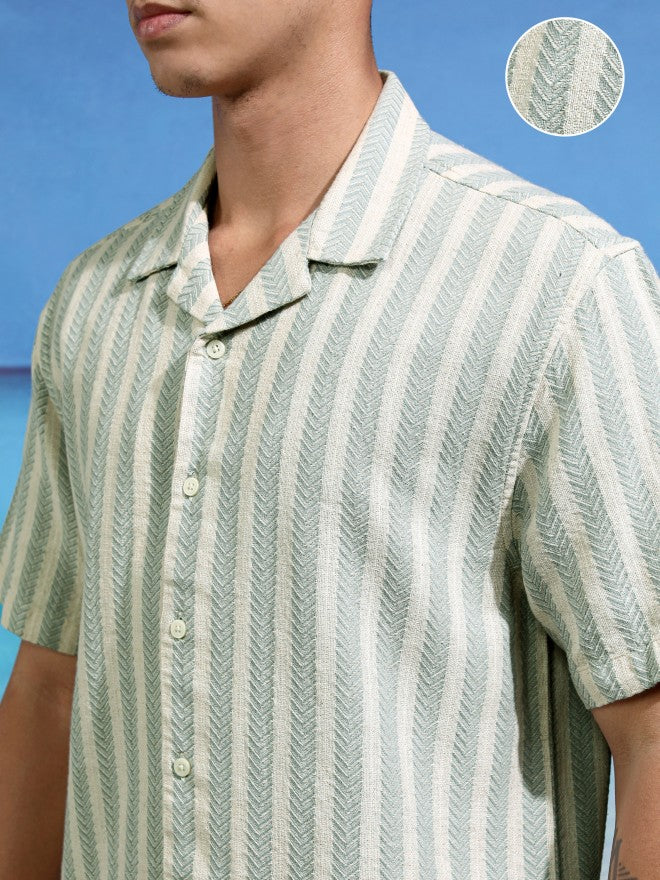 Highlander Men Green Striped Relaxed Fit Casual Shirt - Green - Image 5
