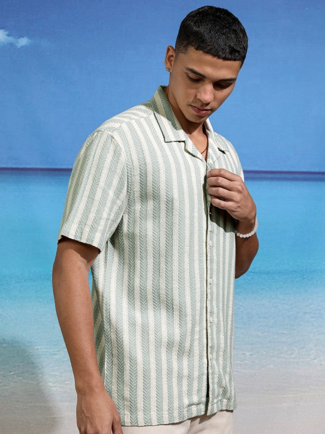 Highlander Men Green Striped Relaxed Fit Casual Shirt - Green - Image 6