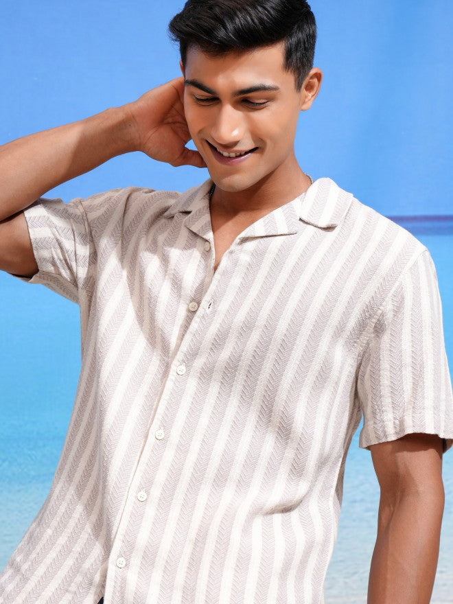 Highlander Men Beige Striped Relaxed Fit Casual Shirts - Beige - Image 1