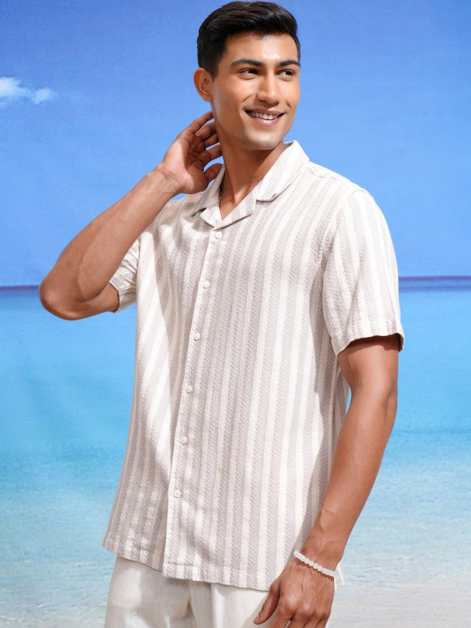 Highlander Men Beige Striped Relaxed Fit Casual Shirts - Beige - Image 4