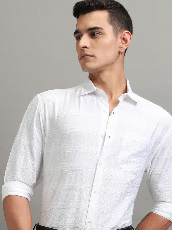 Highlander Men White Striped Relaxed Fit Casual Shirt - White - Image 1