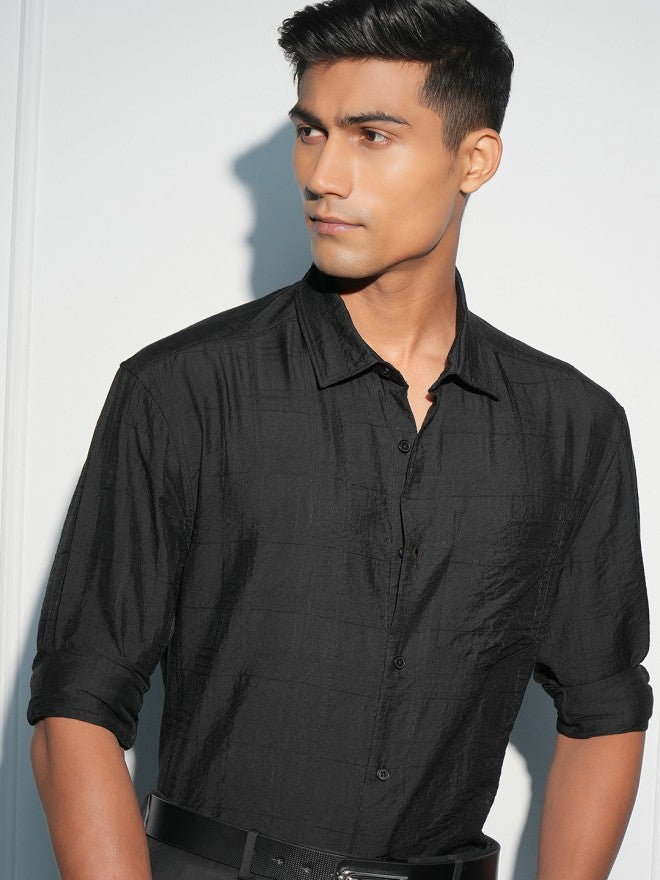 Highlander Men Black Textured Relaxed Fit Casual Shirt - Black - Image 1