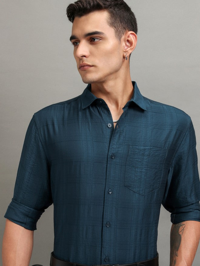 Highlander Men Teal Checked Relaxed Fit Casual Shirt - Teal - Image 1