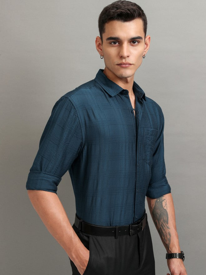 Highlander Men Teal Checked Relaxed Fit Casual Shirt - Teal - Image 6