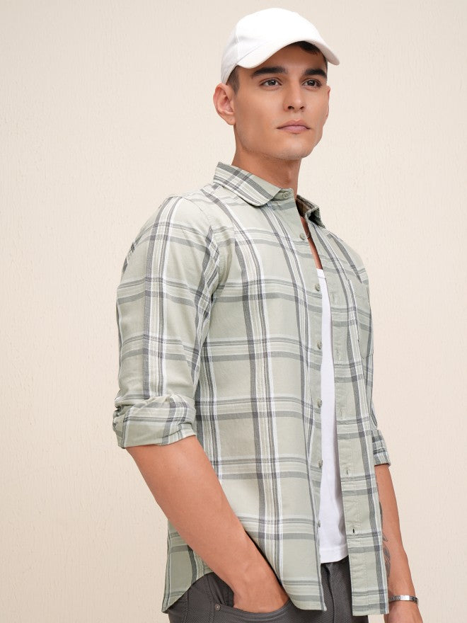 Highlander Men Olive Checked Regular Fit Casual Shirt - Olive - Image 6