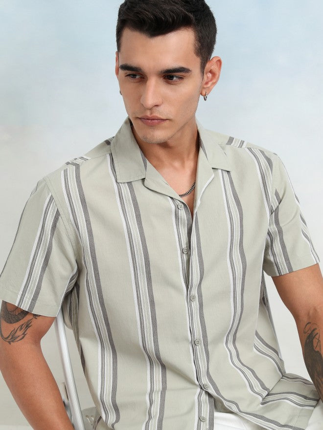 Highlander Men Olive Striped Relaxed Fit Casual Shirt - Olive - Image 1