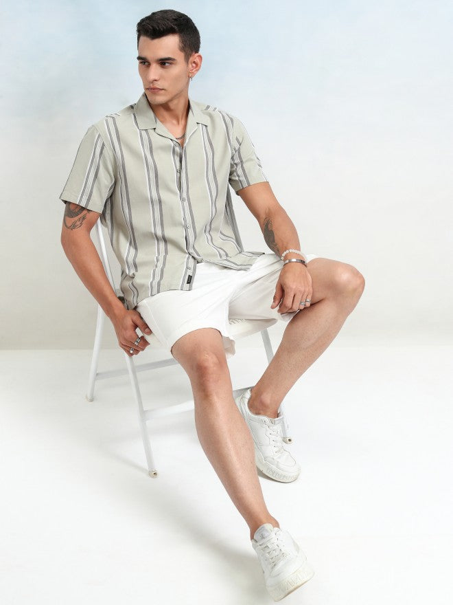 Highlander Men Olive Striped Relaxed Fit Casual Shirt - Olive - Image 2