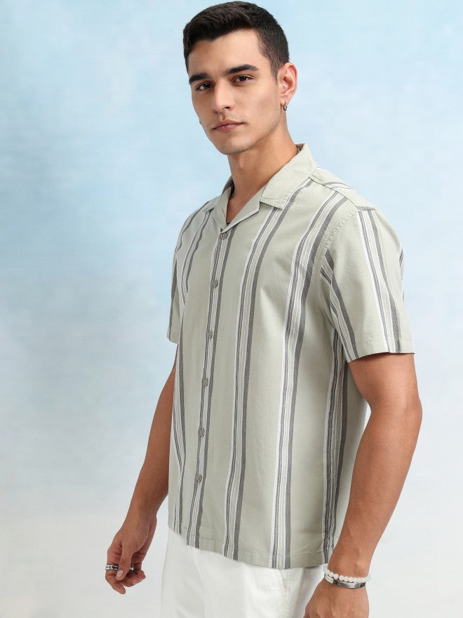 Highlander Men Olive Striped Relaxed Fit Casual Shirt - Olive - Image 4