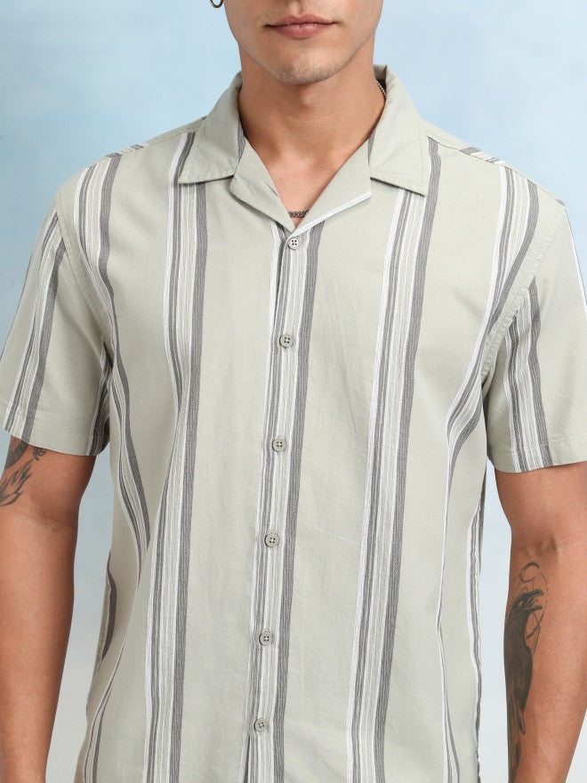 Highlander Men Olive Striped Relaxed Fit Casual Shirt - Olive - Image 5