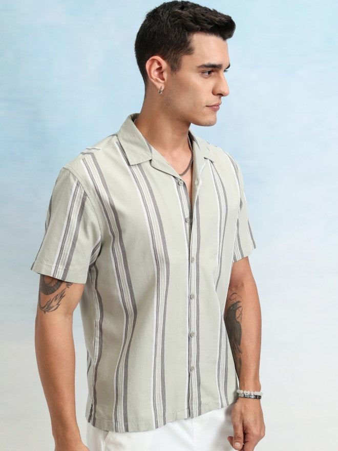 Highlander Men Olive Striped Relaxed Fit Casual Shirt - Olive - Image 6