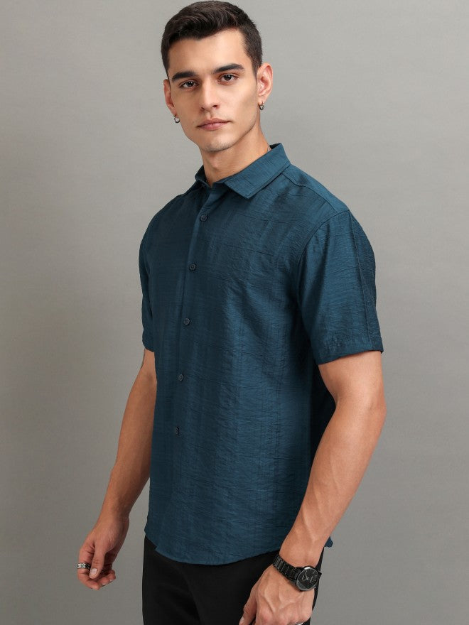 Highlander Men Teal Textured Relaxed Fit Casual Shirt - Teal - Image 4