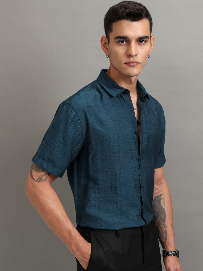 Highlander Men Teal Textured Relaxed Fit Casual Shirt - Teal - Image 6