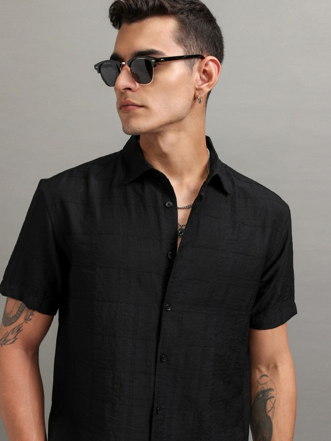 Highlander Men Black Textured Relaxed Fit Casual Shirt - Black - Image 1