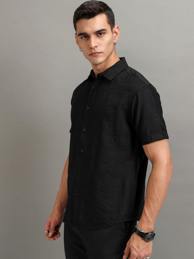 Highlander Men Black Textured Relaxed Fit Casual Shirt - Black - Image 4