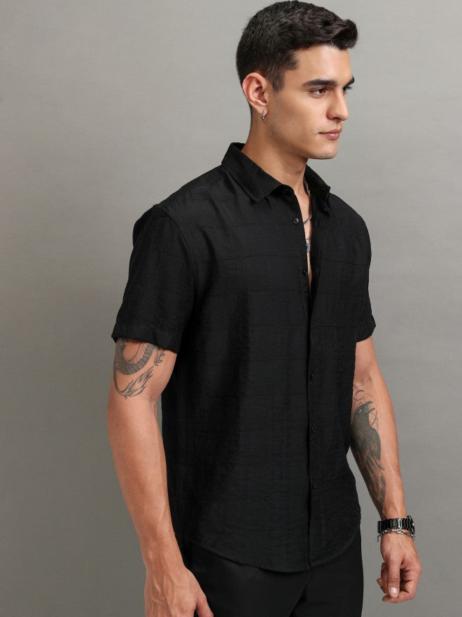 Highlander Men Black Textured Relaxed Fit Casual Shirt - Black - Image 6