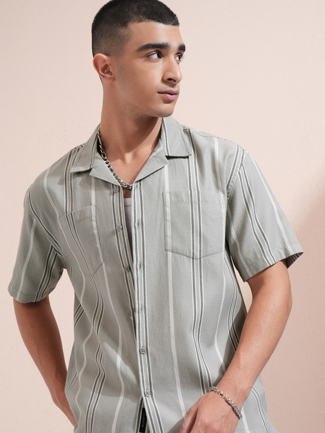 Highlander Men Grey Striped Relaxed Fit Casual Shirt - Grey - Image 1