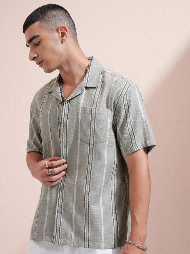 Highlander Men Grey Striped Relaxed Fit Casual Shirt - Grey - Image 4