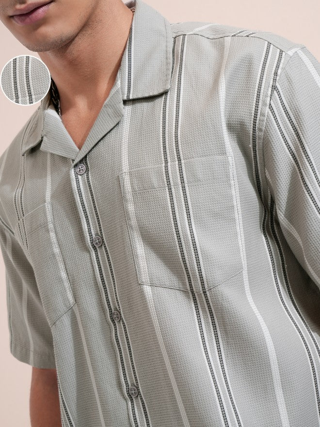 Highlander Men Grey Striped Relaxed Fit Casual Shirt - Grey - Image 5