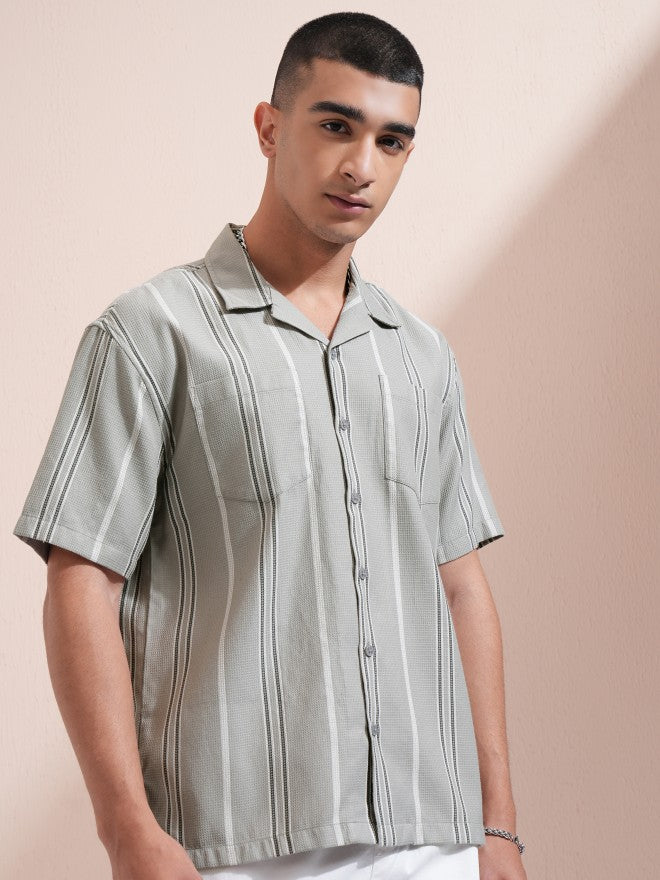 Highlander Men Grey Striped Relaxed Fit Casual Shirt - Grey - Image 6