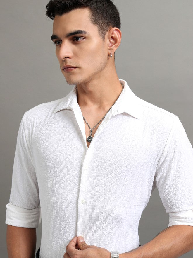 Highlander Men White Textured Regular Fit Casual Shirt - White - Image 1
