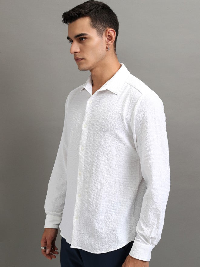 Highlander Men White Textured Regular Fit Casual Shirt - White - Image 4