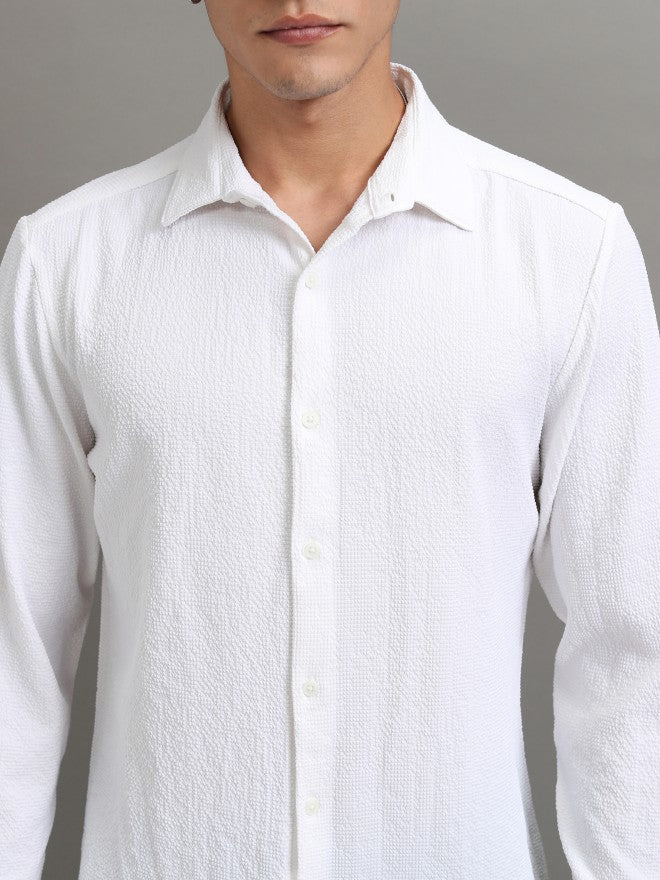 Highlander Men White Textured Regular Fit Casual Shirt - White - Image 5