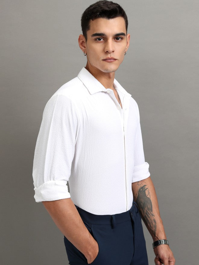 Highlander Men White Textured Regular Fit Casual Shirt - White - Image 6