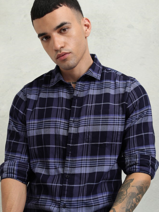 Highlander Men Blue Checked Regular Fit Casual Shirt - Blue - Image 1