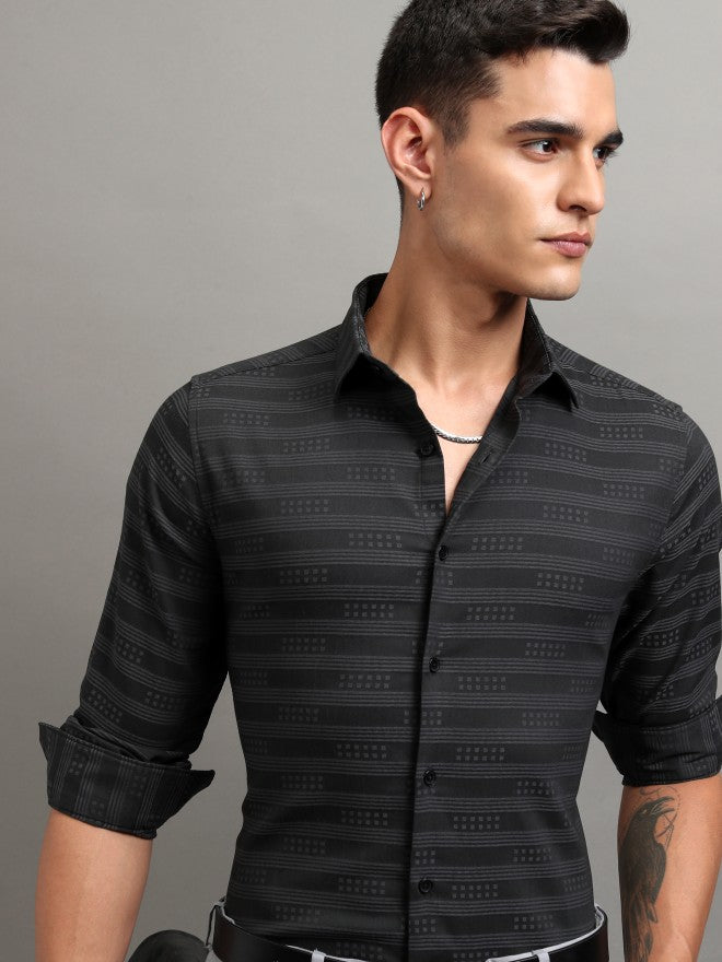 Highlander Men Black Striped Slim Fit Casual Shirt - Black - Image 1