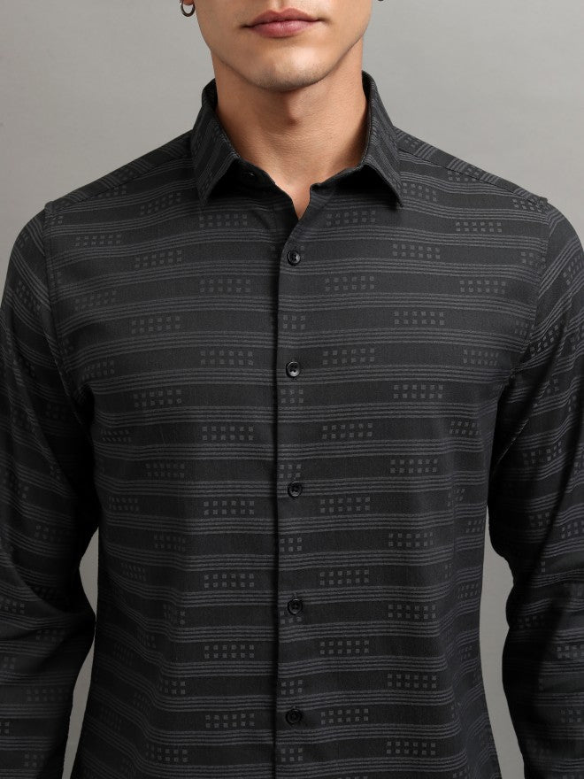 Highlander Men Black Striped Slim Fit Casual Shirt - Black - Image 5