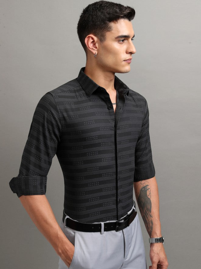 Highlander Men Black Striped Slim Fit Casual Shirt - Black - Image 6