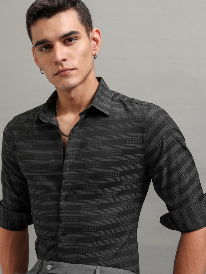 Highlander Men Grey Striped Slim Fit Casual Shirt - Grey - Image 1
