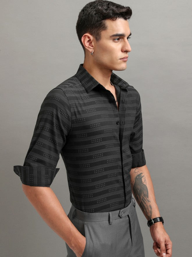 Highlander Men Grey Striped Slim Fit Casual Shirt - Grey - Image 6