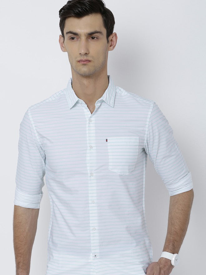 Highlander Men White Striped Slim Fit Casual Shirt - White - Image 1